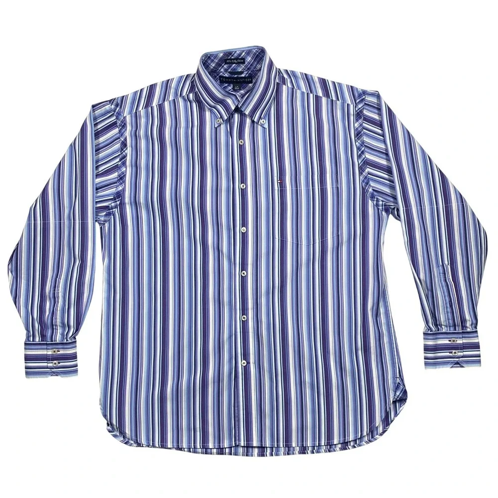 Tommy Hilfiger Button Down‎ Shirt Large Mens Purple Blue Striped Long Sleeve